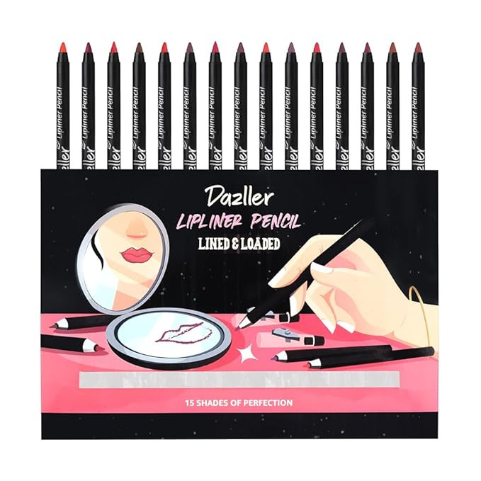 Dazller Lined & Loaded Lip Liner with In-Built Sharpener (Pack of 15) - Matte Finish | Lightweight | Precise | Long lasting | With Carnauba & Castor Oil | 15 shades of Perfection | 22.5g