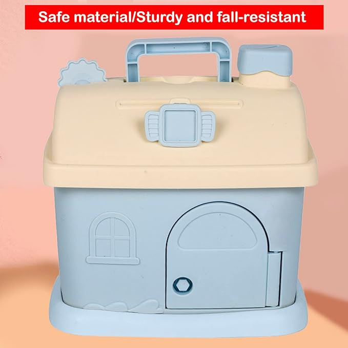 WISHKEY Cottage House Shaped Piggy Bank For Kids, Money Saving Box With Handle, Keys, Lock, Stickers, Blue