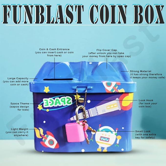 FunBlast Piggy Bank for Kids – Space Themed Money Saving Tin Coin Box with Lock and Key – Birthday Return for Boys & Girls, Money Bank, Coin Box for Kids (Blue)