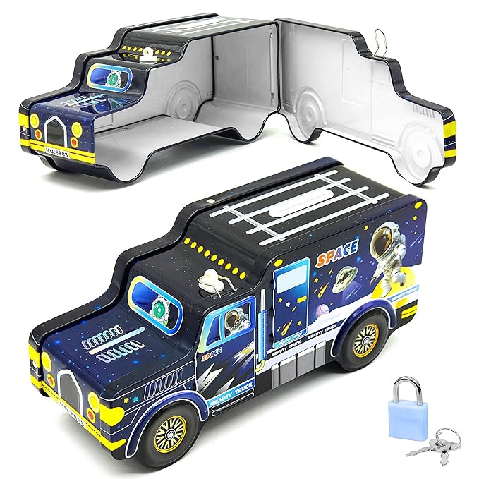 VGRASSP Space Theme Metal Bus Piggy Bank Toy for Kids - Cute Money Safe with Lock and 2 Keys - Gullak Coin Box Gift for Boys and Girls - Color As Per Stock