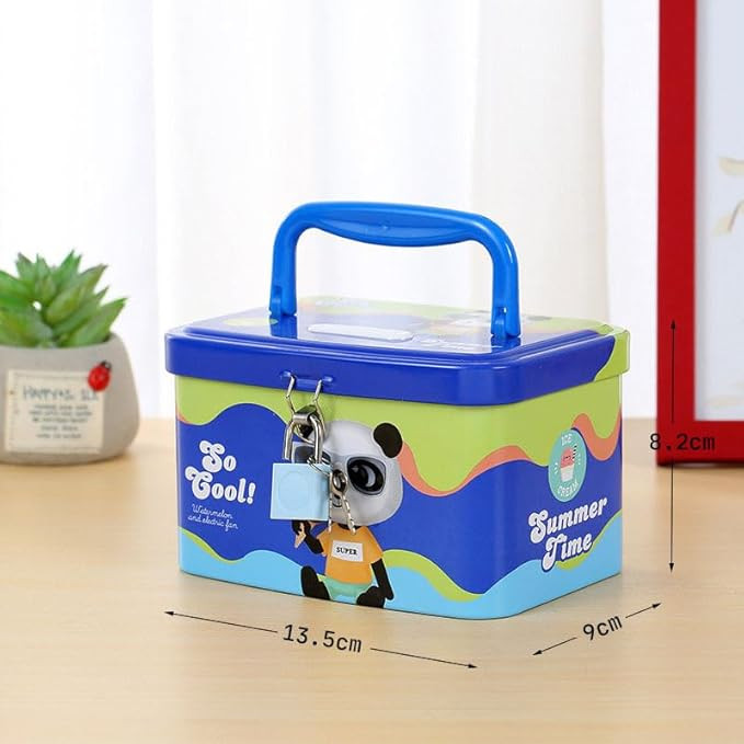 FunBlast Money Saving Tin Coin Bank with Handle, Lock and Key, Piggy Bank for Kids, Gullak for Kid, Birthday Return for Boys & Girls, Money Bank, Coin Box (B-Multicolor)