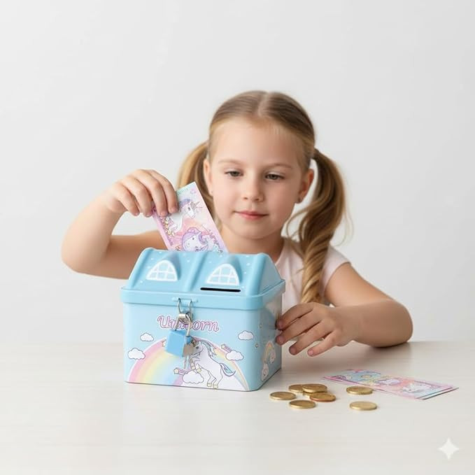 Cute & Colorful Unicorn Printed Metal Piggy Bank with Secure Lock & Keys for Kids, House Shaped Money Saving Storage Coin Collection Box for Girls, Children