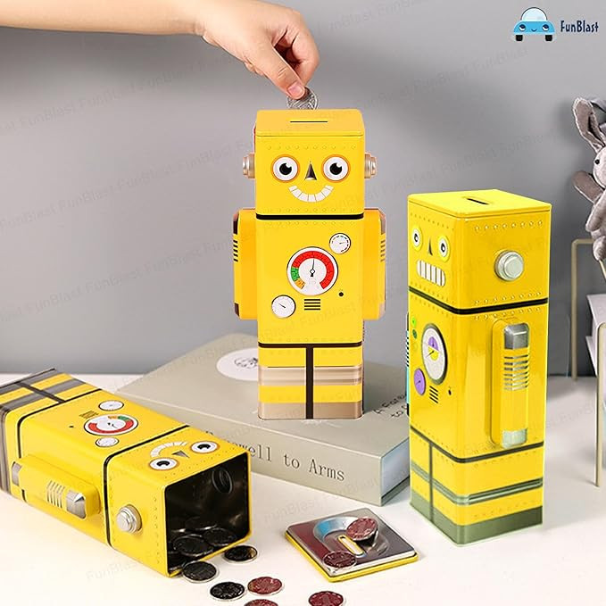 FunBlast Piggy Bank for Kids – Robot Piggy Bank, Money Saving Tin Coin Bank, Gullak for Kids – Birthday Return for Boys & Girls, Money Bank, Coin Box for Kid, Metal Coin Box (Yellow)