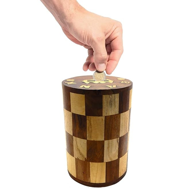 Money Bank Wooden Piggy Bank for Kids - Multi-Design Chess Theme - Medium Size 5"x4"x5" - Coin Savings Jar for Boys and Girls Decorative Coin Bank Educational Toy - Wood Material