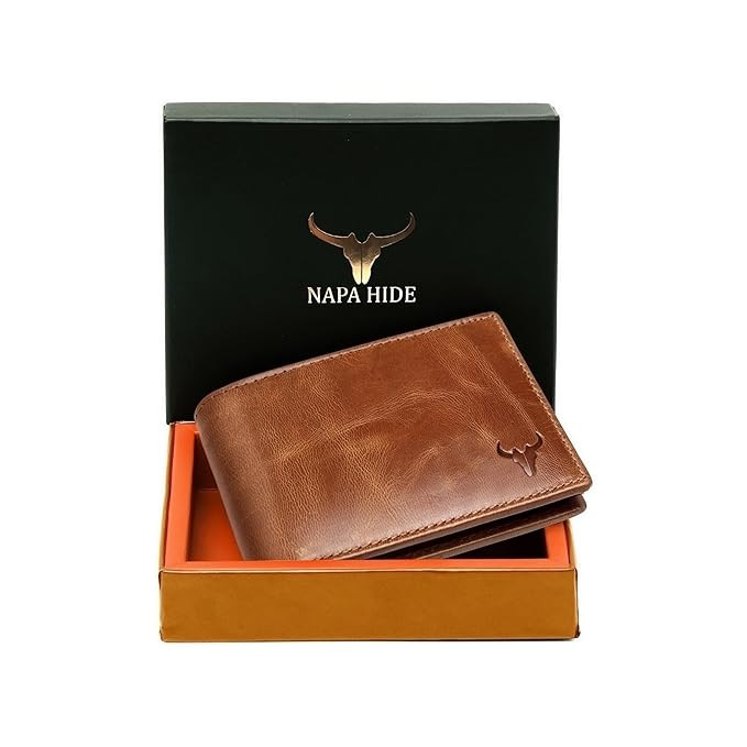 NAPA HIDE Leather Wallet for Men I Handcrafted I Credit/Debit Card Slots I 2 Currency Compartments I 2 Secret Compartments (Tan Crunch)