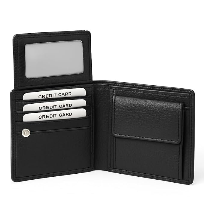 Genuine Leather Bi-Fold Wallet, Black, Multiple Card Slots, ID Window, Currency Pocket, Classic Design for Men