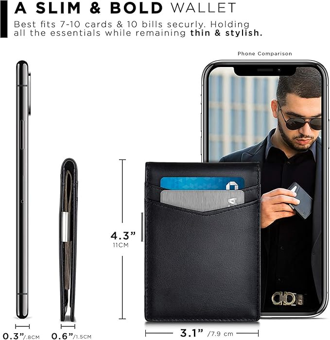 Contacts Genuine Leather Money Clip Wallet Slim Front Pocket RFID Blocking Card Holder Minimalist Mini Bifold for Men's | Up to 11 Card Slots Including 1 ID Window & 1 Bill Compartment (Black)