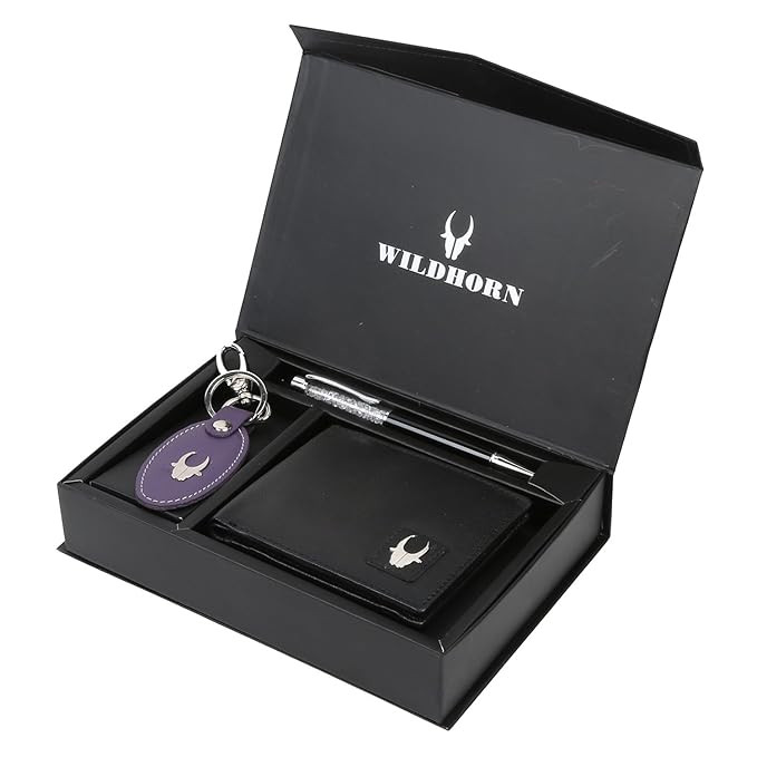 Wildhorn Men Black Wallet, Key Ring & Pen (Rakhi Gift)