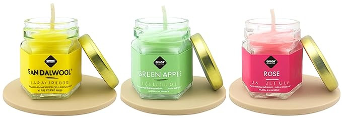 Gellon Organic Soy Wax Aroma Candle Scented Aromatic Fragrance Sandalwood, Green Apple, Rose, for Gifting Home, 50 ML Hexagonal Candle Jar Up to 15 Hours Burn time
