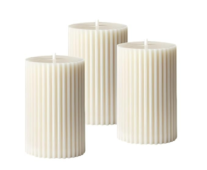 Luces White Soy Wax Pillar Candle Set Of 3 Pcs Ribbed Vanilla Scented Pillar Candles For Home Decor Diwali Wedding Valentine Church X-Mass Spa Dinner Table