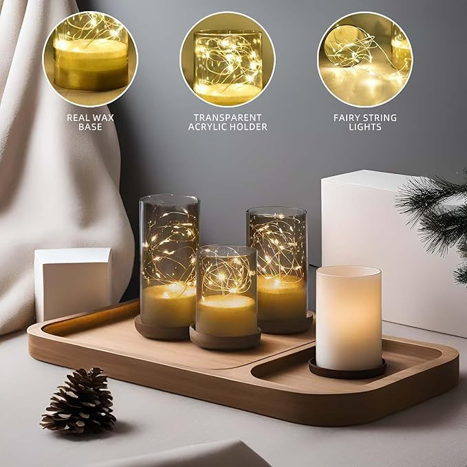 LED Glass Flameless Candles with Fairy String Lights, Real Wax Flame Effect, Battery Operated Pillar Lights for Diwali, Wedding, Home & Party Decoration (Set of 3, Grey)