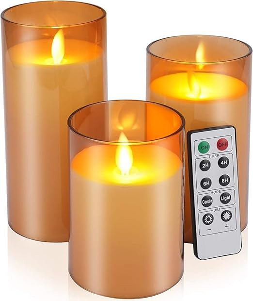 Flameless LED Candles | Gold Acrylic Fiber Glass | Battery Powered with Remote Control & Timer | Decorative LED Set for Home, Festival & Wedding | Set of 3 (H-4",5",6" x D-3")