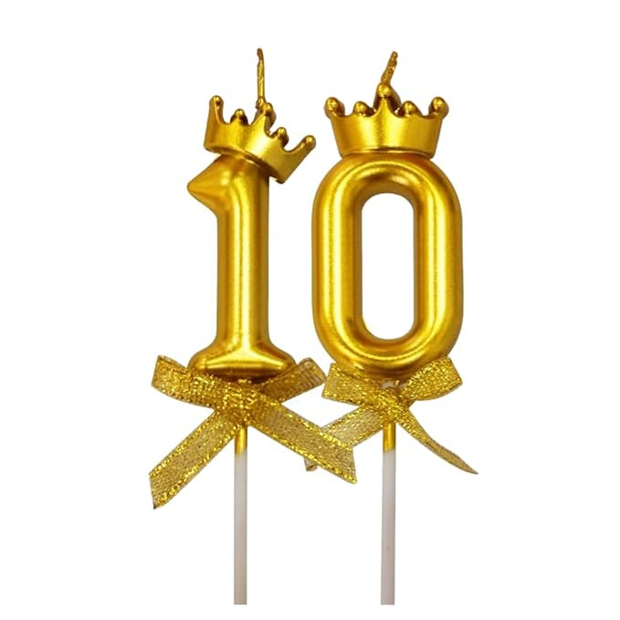 2 Pc 10 Number Candle for Birthday Cake Metallic Gold Number Candle with Crown on Top for Anniversary Cake Topper 10th Birthday Cake Decoration (Pack of 2, Gold).