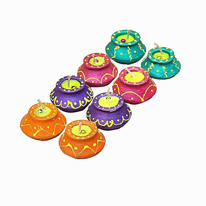 Diwali Diya | Handicraft Matki Diyas | Navratri and Diwali Wax Candles Set | Tealight for Diwalis - Dipawali,Diya for Puja and Home Decoration Light (Pack of 8, Multicolor)